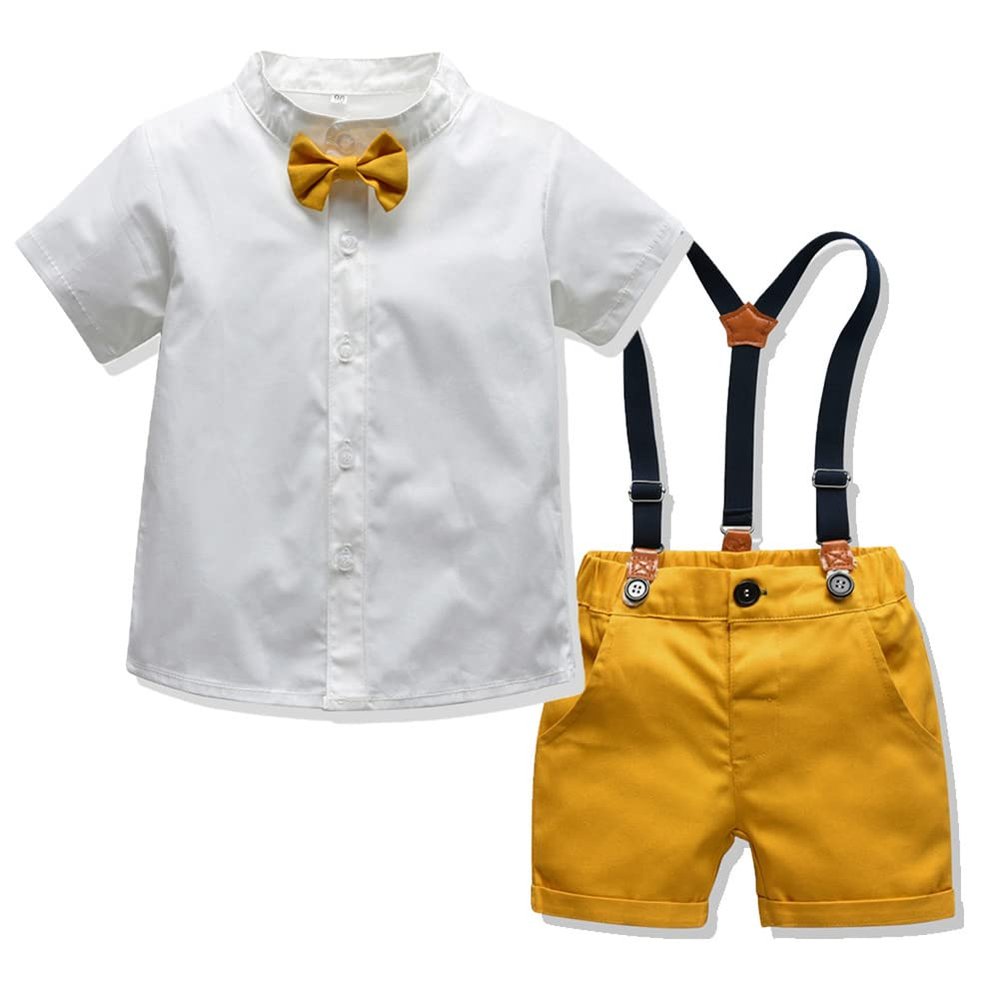 Baptism Christening Outfits for Boys Baby Clothes Sets Toddler Boy Outfits Gentleman Suits Bow Tie Shirts Suspenders Shorts Birthday Formal Wedding Party Clothes White + Yellow - Shorts 12-18 Months