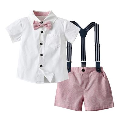 Baptism Christening Outfits for Boys Baby Clothes Sets Toddler Boy Outfits Gentleman Suits Bow Tie Shirts Suspenders Shorts Birthday Formal Wedding Party Dress Suit White + Pink - Shorts 6-12 Months