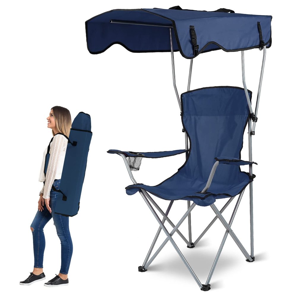Moclever Folding Canopy Camp Chair  Heavy Duty Sun Protection Beach Chair with Cup Holder, Portable Lawn Chair for Outdoor Camping, Park, Patio (Navy Blue)