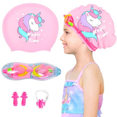 Kids Swim Caps for Girls (Age 2-6), Durable Waterproof Silicone Swimming Cap for Short Hair with Swimming Goggles, Ear Plug and Nose Clip (Pink, Large (6-12 Years))