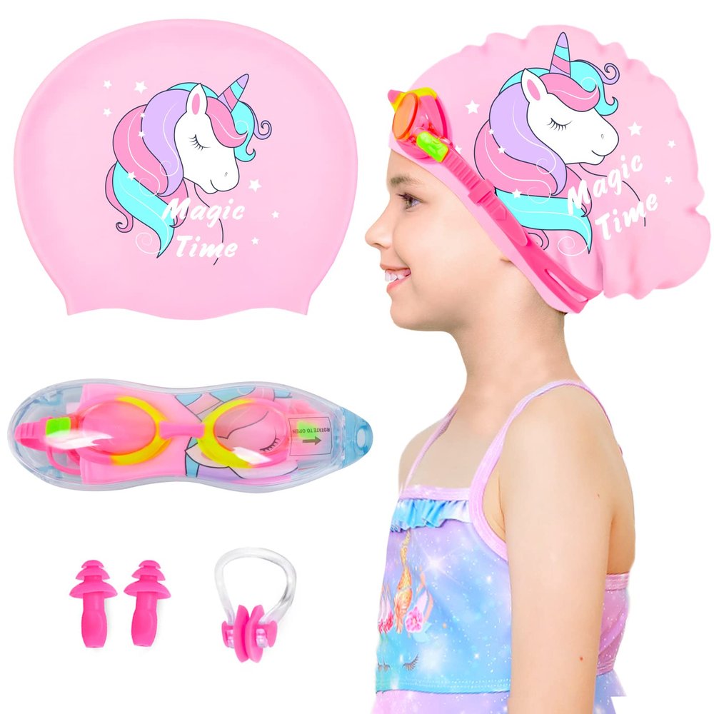 Kids Swim Caps for Girls (Age 2-6), Durable Waterproof Silicone Swimming Cap for Short Hair with Swimming Goggles, Ear Plug and Nose Clip (Pink, Large (6-12 Years))