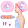Kids Swim Caps for Girls (Age 2-6), Durable Waterproof Silicone Swimming Cap for Short Hair with Swimming Goggles, Ear Plug and Nose Clip (Pink, Large (6-12 Years)) view 1