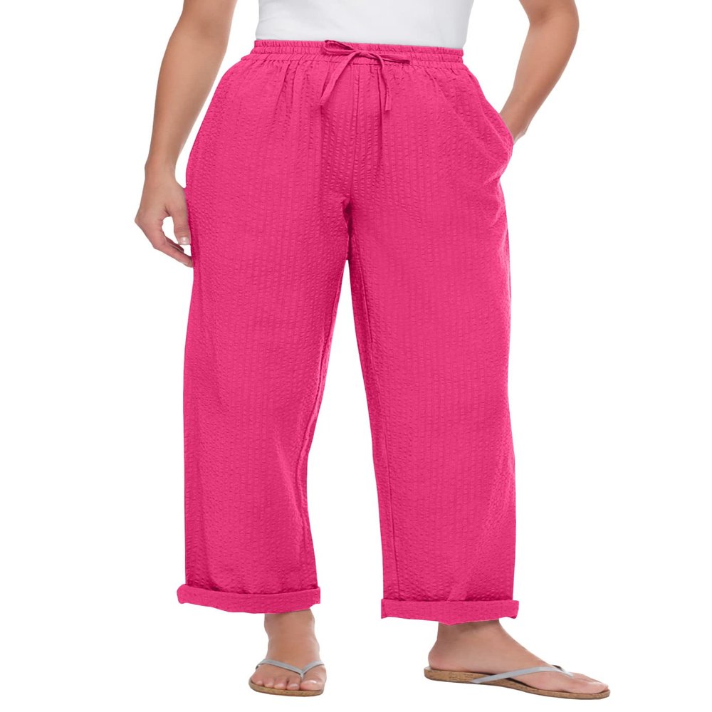 Woman Within Plus Size Seersucker Pull-On Elastic-Waist Pants - 34 W, Raspberry Sorbet