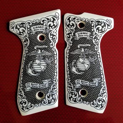 Fits Beretta 92 92FS 96 Custom Ivory Imitation 3D Engraved Grips Marines Scroll Checkered