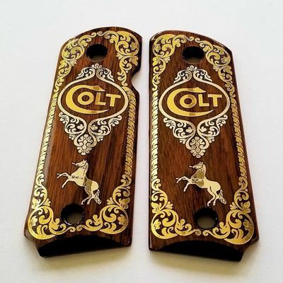 Compact Colt 1911 Custom Engraved Walnut Wood Grips Gold Silver Rampant Horse Logo