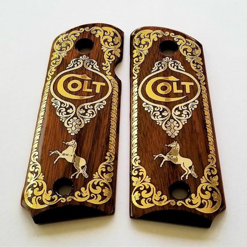 Compact Colt 1911 Custom Engraved Walnut Wood Grips Gold Silver Rampant Horse Logo