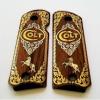 Compact Colt 1911 Custom Engraved Walnut Wood Grips Gold Silver Rampant Horse Logo view 1
