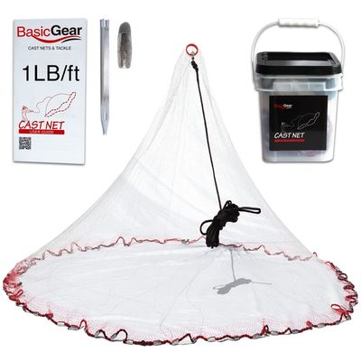 BasicGear Standard Cast Net for Bait Trap Fish | Pure Lead | 4ft Radius with 3/8 inch Mesh 1LB Sinkers for Freshwater and Saltwater | Professional Grade and Upgraded Material | Throw Style