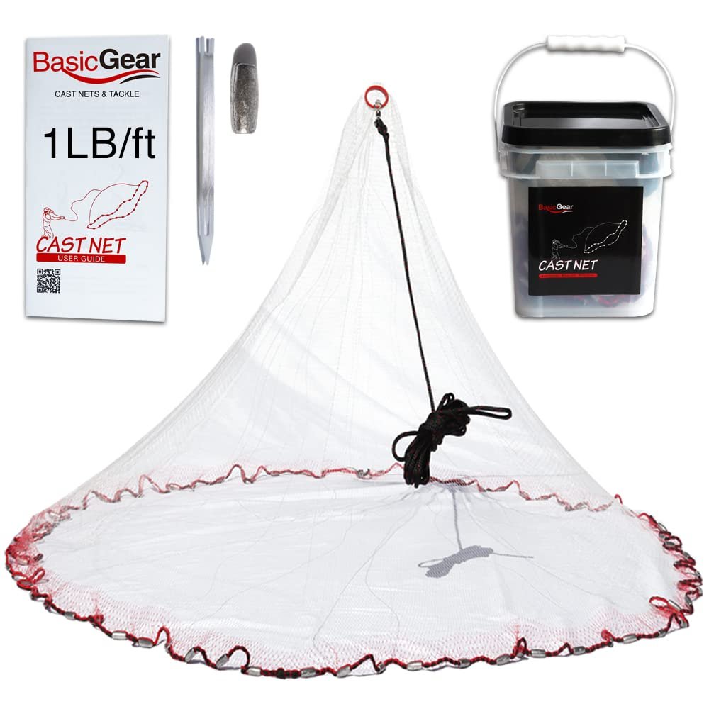 BasicGear Standard Cast Net for Bait Trap Fish | Pure Lead | 10ft Radius with 3/8 inch Mesh 1LB Sinkers for Freshwater and Saltwater | Professional Grade and Upgraded Material | Throw Style