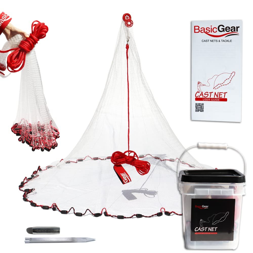 BasicGear Cast Net for Bait Trap Fish, Protected Weights, 4ft Radius with 3/8 inch Mesh for Freshwater and Saltwater, Professional Grade and Upgraded Material, Throw Style