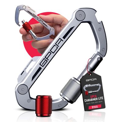 GPCA Carabiner Keychain Clip, Key Organizer, Key Ring, car Key Holder, Multi Tool EDC Gear with Bottle Opener (Steel, Lite w/Red Ring)