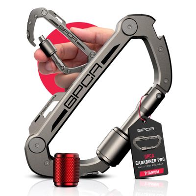 GPCA Multi-Tool Carabiner Clip D Ring Key Chain Heavy Duty Titanium Clip with Bottle Opener Pry Tool Box Cutter Screwdrivers Key Organizer Locking Ring and EDC Gear (GP Carabiner Pro, Titanium)