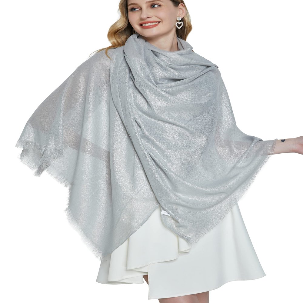 PANTONIGHT Women's Sparkling Metallic Evening Shawl Lightweight Wedding Shawl Extra Large Dressy Shawls and Wraps for Party (LIGHT GREY SILVER 2510)