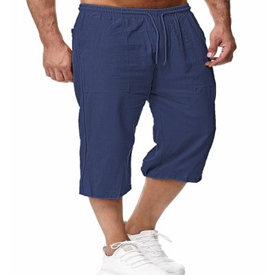 HangNiFang Men's Long Linen Shorts Below Knee Pocketed 3/4 Summer Drawstring Capri Pant(0131-NavyBlue-S)