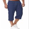 HangNiFang Men's Long Linen Shorts Below Knee Pocketed 3/4 Summer Drawstring Capri Pant(0131-NavyBlue-S) view 1