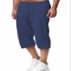 HangNiFang Men's Long Linen Shorts Below Knee Pocketed 3/4 Summer Drawstring Capri Pant(0131-NavyBlue-S) view 3