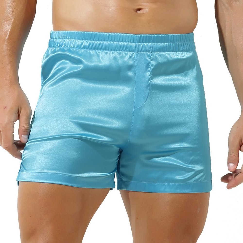 Agoky Men's Silky Satin Boxers Shorts Trunks Style Underwear Loose Smooth Sleepwear Pants 2# Blue Medium