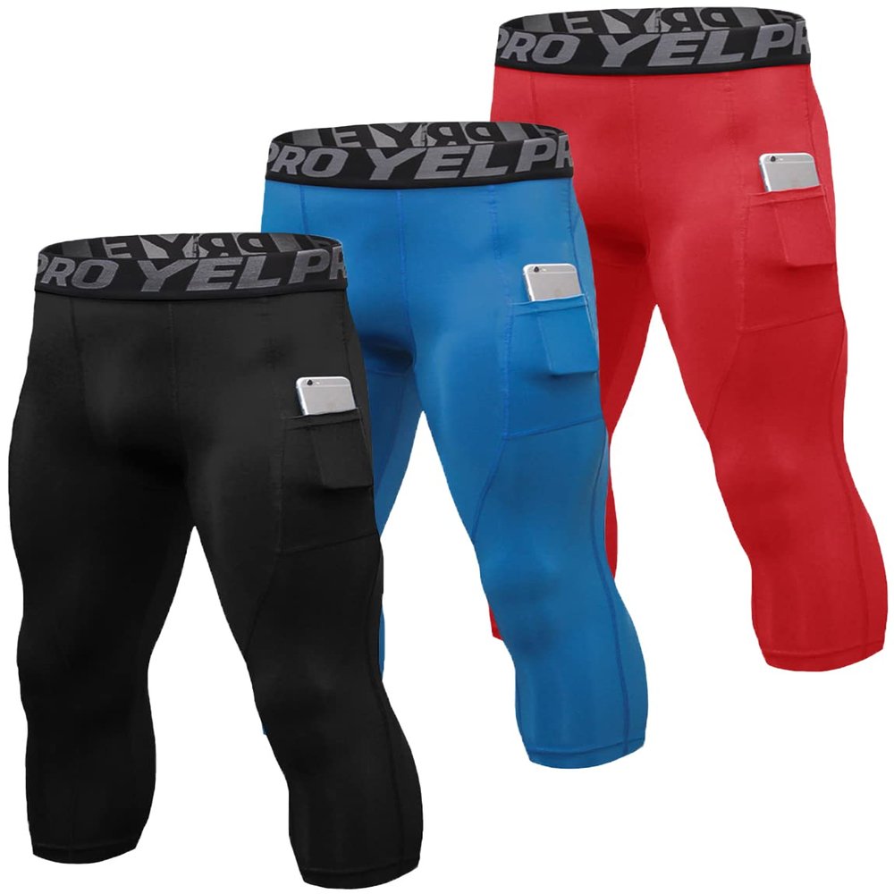 3 Pack Men's Compression Pants 3/4 Workout Dry-fit Baselayers Underwear Sport Tights Running Athletic Leggings Capris