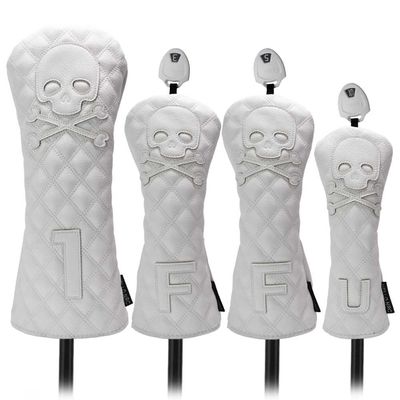 HELLO NRC 4 Pieces Golf Club Covers, White Driver Head Cover, Fairway Woods and Hybrid Headcover, Skull 3 Wood and 5 Wood, 460cc PU Waterproof Leather with Rotating Number Tags for Most Golf Clubs