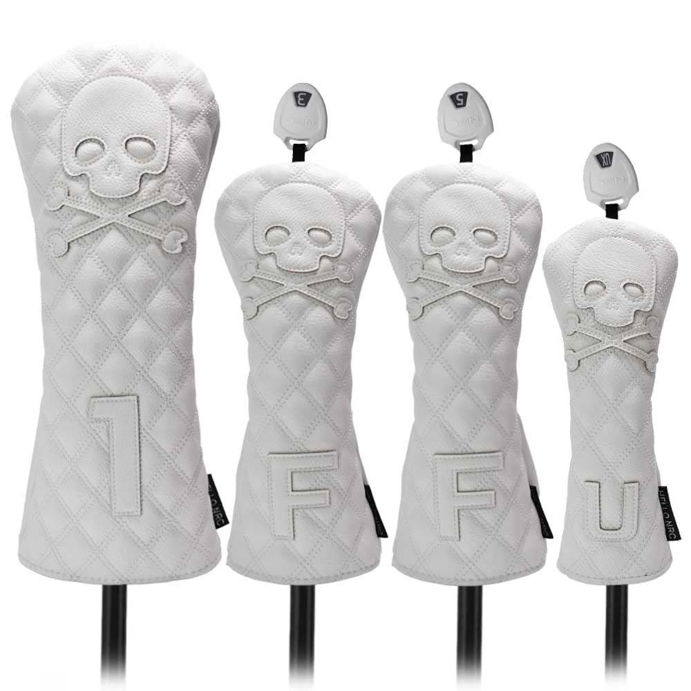 HELLO NRC 4 Pieces Golf Club Covers, White Driver Head Cover, Fairway Woods and Hybrid Headcover, Skull 3 Wood and 5 Wood, 460cc PU Waterproof Leather with Rotating Number Tags for Most Golf Clubs