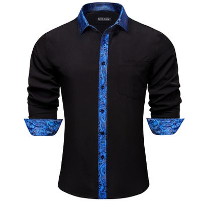 Barry.Wang Black Dress Shirt for Men Business Long Sleeve Button Down Shirt Formal Casual Contrast Collared Shirt Wedding
