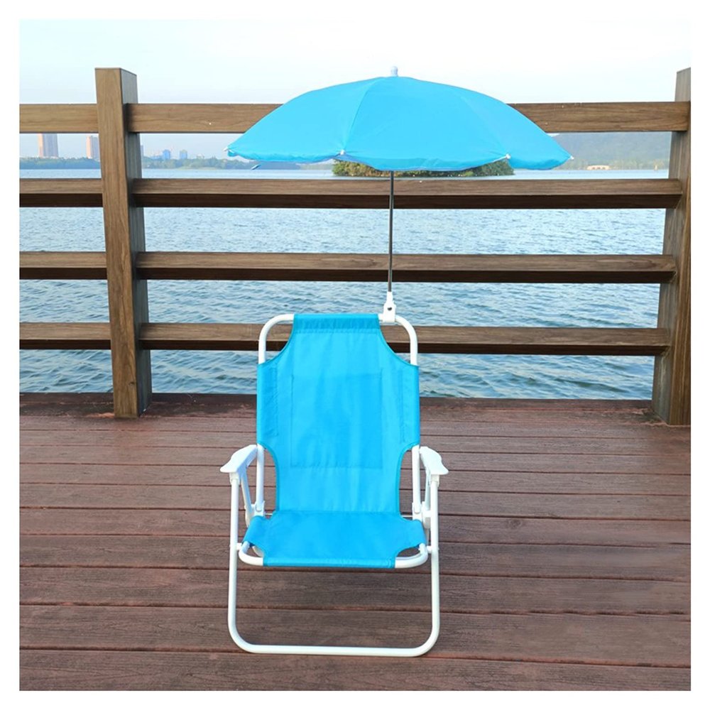 Kids Camping Chair Blue Kids Beach Chair with Sunshade Umbrella, Outdoor Portable Folding Chair for Boys and Girls, Back Storage Pocket