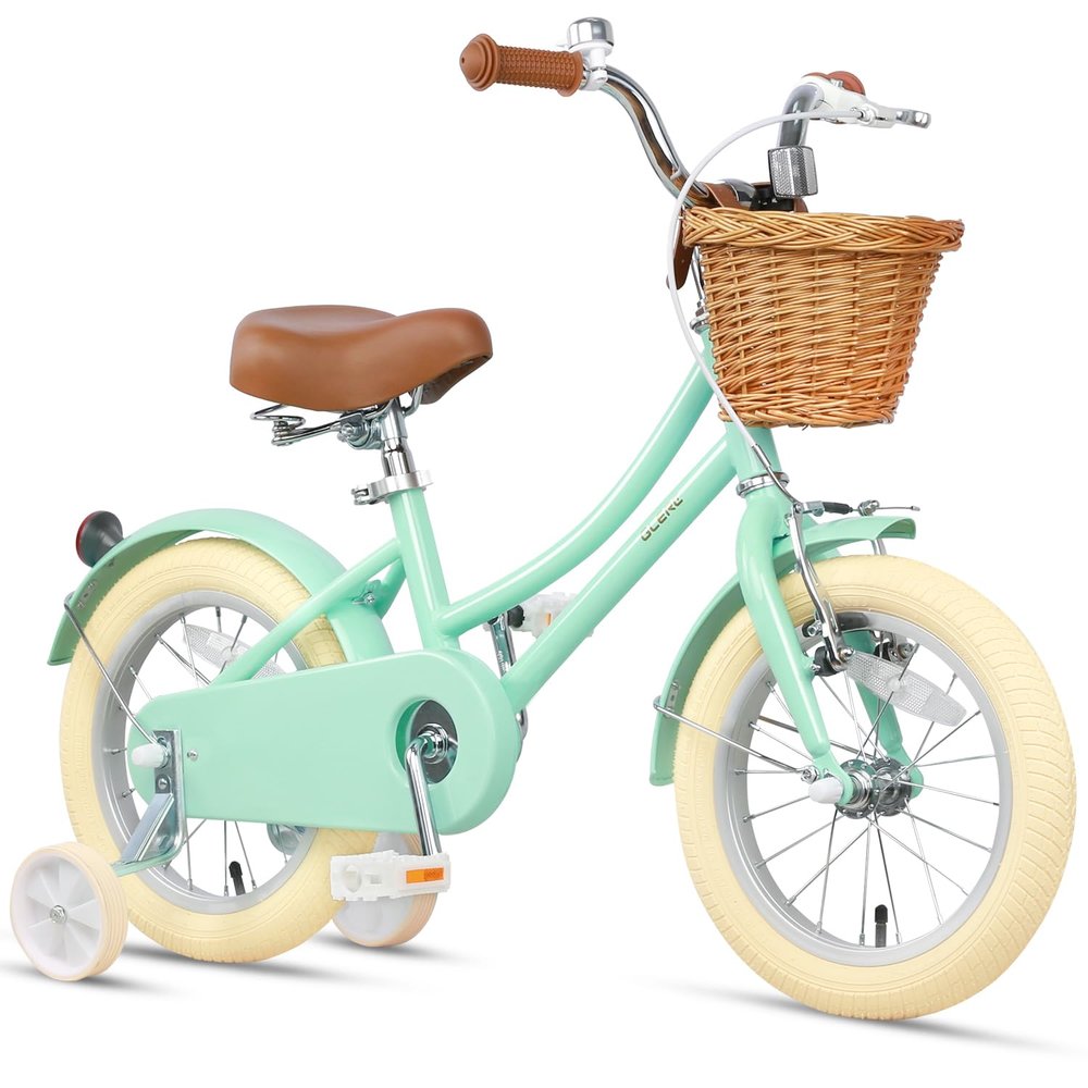 Glerc Little Molly 14 Inch Kids Bike, Retro Cruiser Girls Bike for Children Ages 3-5 Years Old, Kids Bicycle with Wicker Basket & Training Wheels, Mint Green