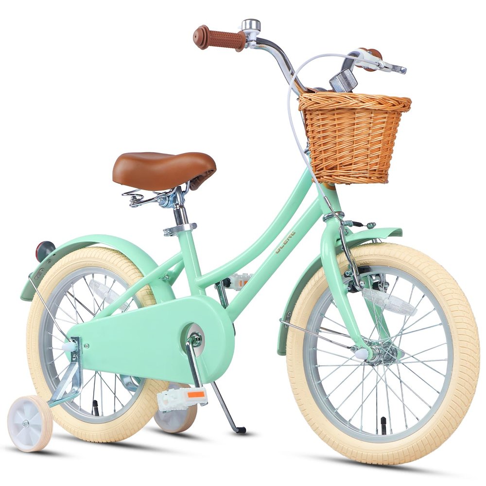 Glerc Little Molly 16 Inch Kids Bike, Retro Cruiser Girls Bike for Children Ages 4-7 Years Old, Kids Bicycle with Wicker Basket & Training Wheels/Kickstand, Mint Green
