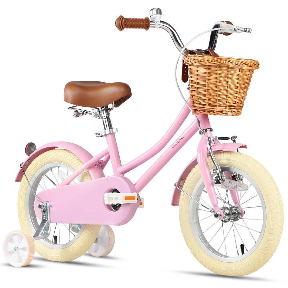 Glerc Little Molly 14 Inch Kids Bike, Retro Cruiser Girls Bike for Children Ages 3-5 Years Old, Kids Bicycle with Wicker Basket & Training Wheels, Pink