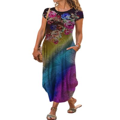 AHAIJ Women Summer Casual Maxi Dress Floral Printed Loose Pockets Short Sleeve Split Boho Dresses (Element 2, Small)