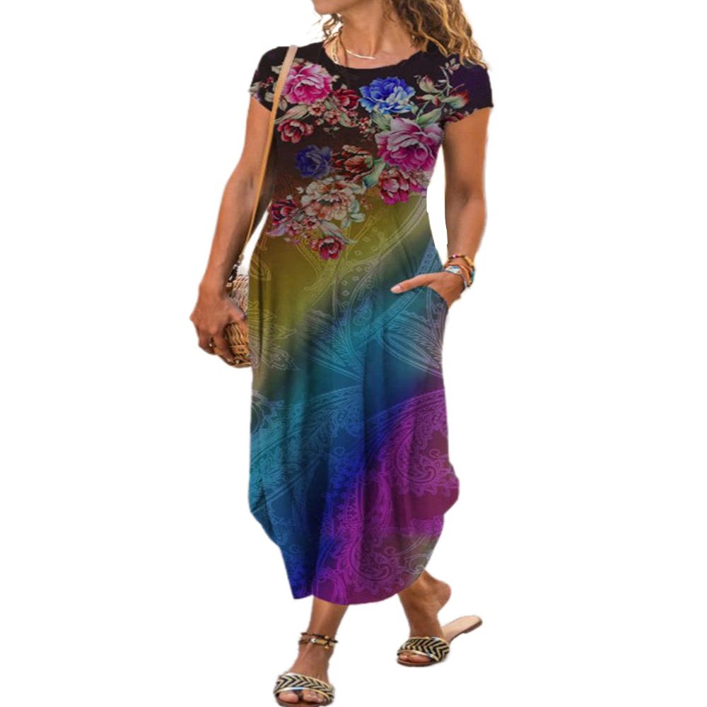AHAIJ Women Summer Casual Maxi Dress Floral Printed Loose Pockets Short Sleeve Split Boho Dresses (Element 2, Small)