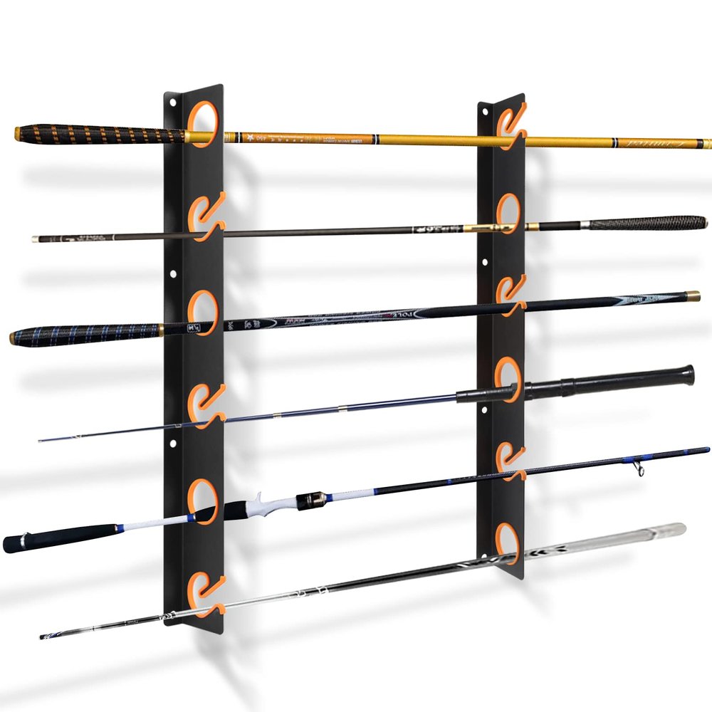 Fishing Rod Rack, Rod Holder, Mounted Storage Racks for Rods, Ceiling or Wall Mount for Poles in GarageHeavy-Duty Steel Construction, Rod Rack for Garages, Cabins and Basements, Holds 6 Fishing Rods