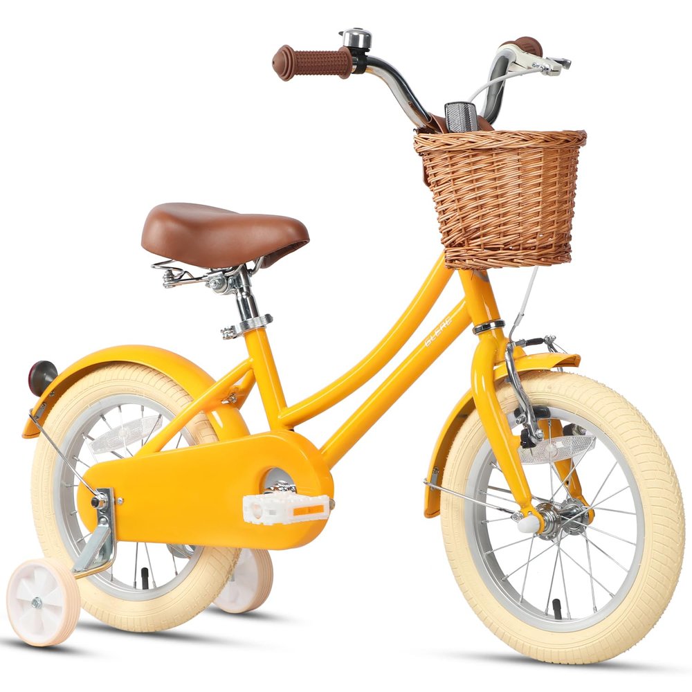 Glerc Little Molly 14 Inch Kids Bike, Retro Cruiser Girls Bike for Children Ages 3-5 Years Old, Kids Bicycle with Wicker Basket & Training Wheels, Yellow