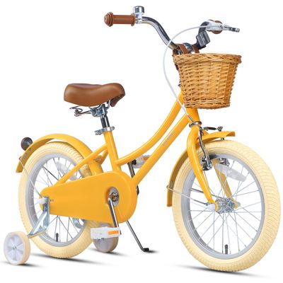 Glerc Little Molly 16 Inch Kids Bike, Retro Cruiser Girls Bike for Children Ages 4-7 Years Old, Kids Bicycle with Wicker Basket & Training Wheels/Kickstand, Yellow