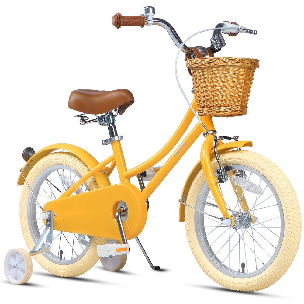 Glerc Little Molly 16 Inch Kids Bike, Retro Cruiser Girls Bike for Children Ages 4-7 Years Old, Kids Bicycle with Wicker Basket & Training Wheels/Kickstand, Yellow