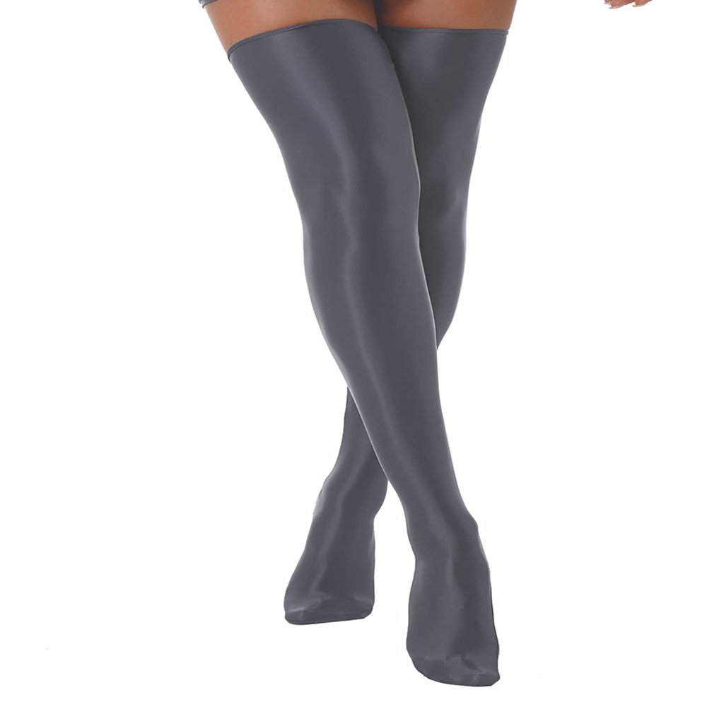 Agoky Women's Stretchy Stay Up Pantyhose Glossy Shiny Oil Footed Tights Silk Stockings Glossy Grey One Size