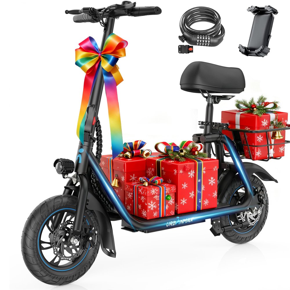 URBANMAX C1 Electric Scooter with Seat, 300W Powerful Motor up to 22 Miles Range, Folding E-Scooter for Adult Max Speed 15.5 Mph, Electric Scooter for Commuting with Basket for Pets & Cargo