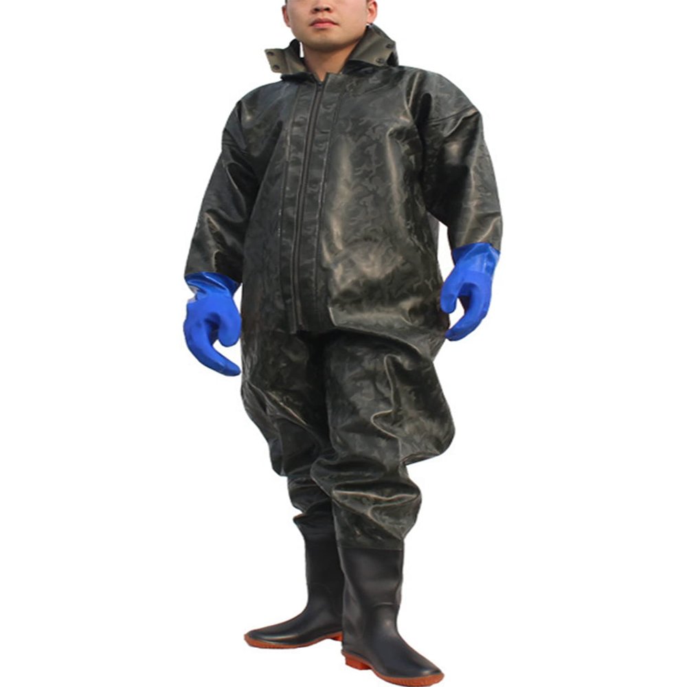 SCYDAO 1Mm Full Body Fishing Waders for Men Hooded, Stockings Foot Wader Breathable Zipper One Piece Wading Pants,Green Gloves,XL