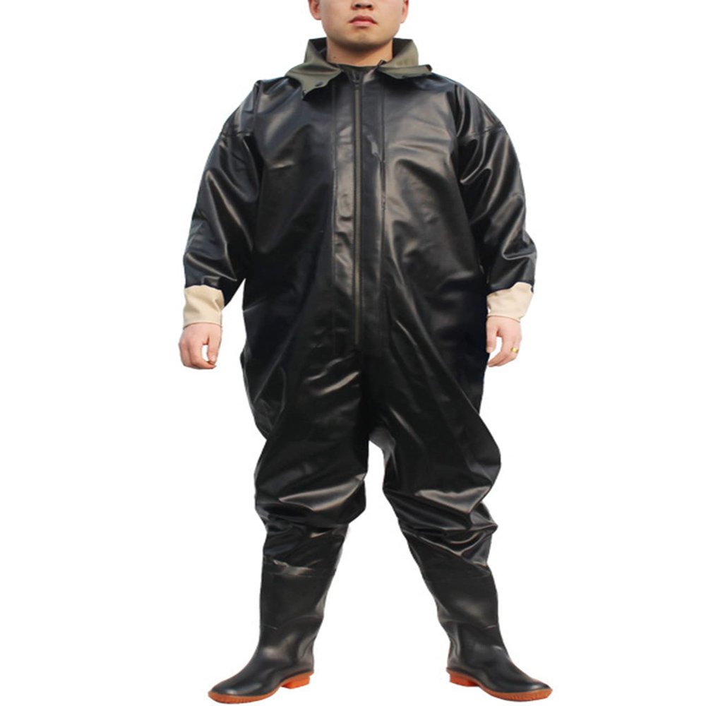 SCYDAO 1Mm Full Body Fishing Waders for Men Hooded, Stockings Foot Wader Breathable Zipper One Piece Wading Pants,Black Cuff,XL