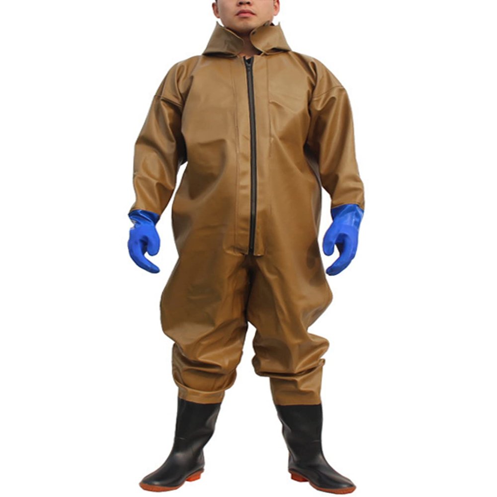 SCYDAO 1Mm Full Body Fishing Waders for Men Hooded, Stockings Foot Wader Breathable Zipper One Piece Wading Pants,Brown Gloves,XL