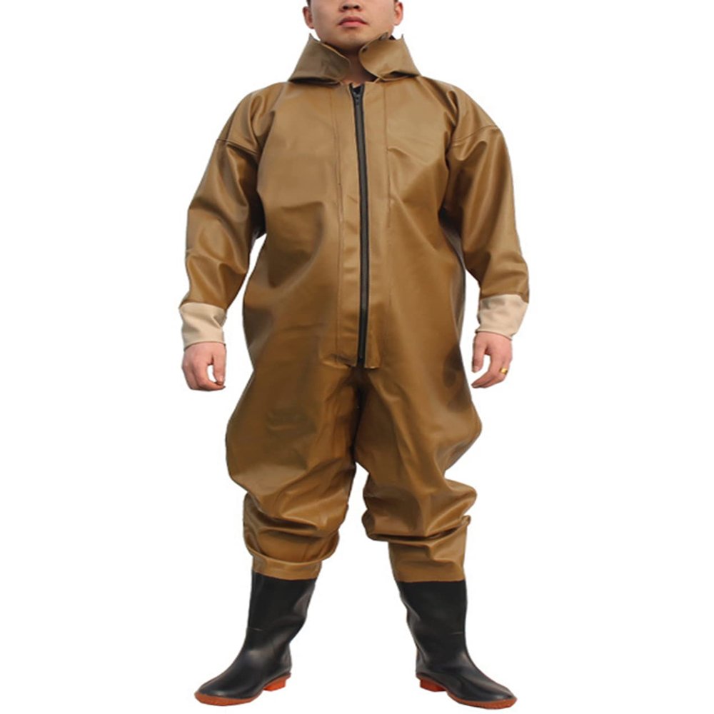 SCYDAO 1Mm Full Body Fishing Waders for Men Hooded, Stockings Foot Wader Breathable Zipper One Piece Wading Pants,Brown Cuff,XL