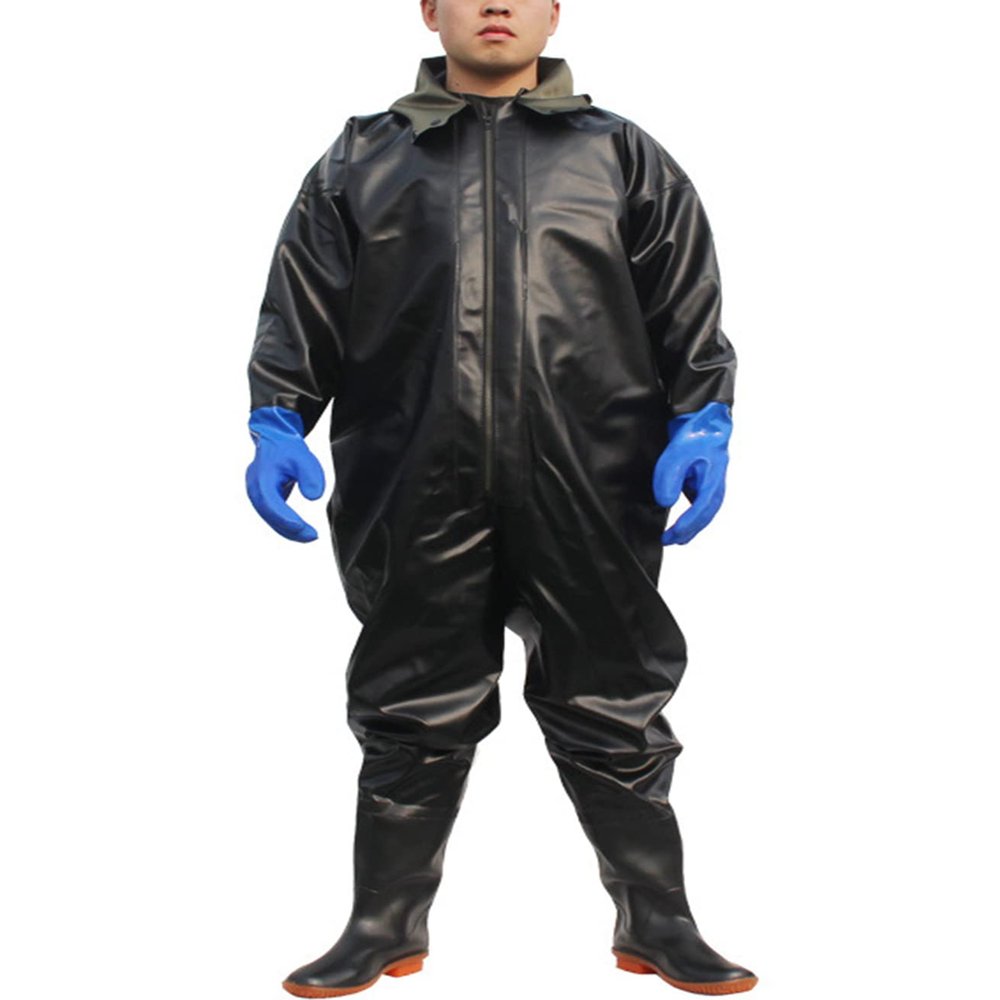 SCYDAO 1Mm Full Body Fishing Waders for Men Hooded, Stockings Foot Wader Breathable Zipper One Piece Wading Pants,Black Gloves,XXL