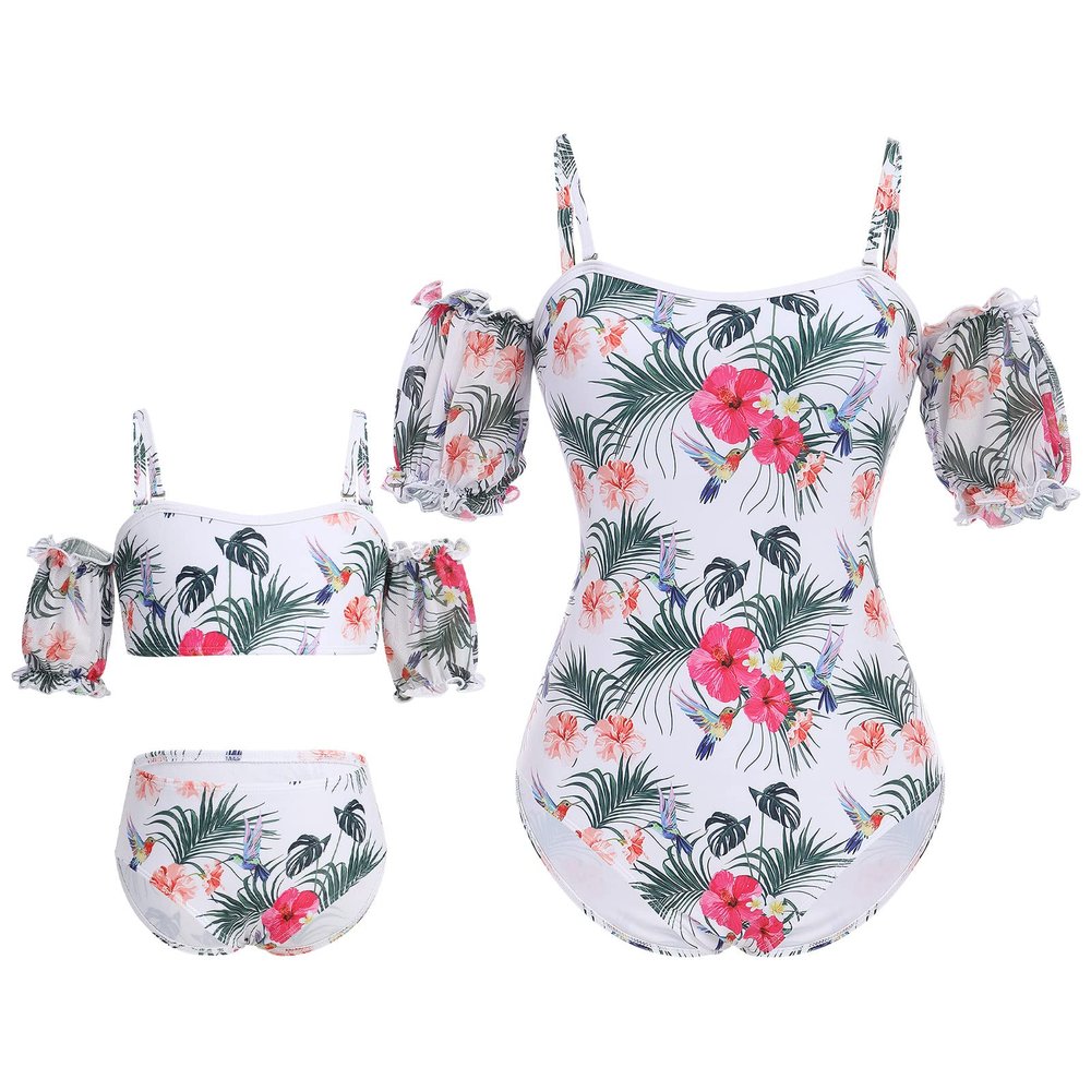 Mommy and Me Swimsuits Family Matching Swimsuit for Mom and Daughter Bathing Suits for Girls Toddler Kids Teen Women Swimwear Suit Bikini Set One Piece Monokini Outfit White + Green Leaves Medium