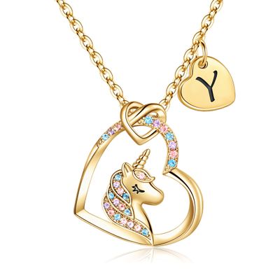 Hidepoo Unicorn Necklace - CZ Heart Pendant Initial Necklaces Unicorns Jewelry Birthday Gifts Y Letter Heart Unicorn Necklace Gift