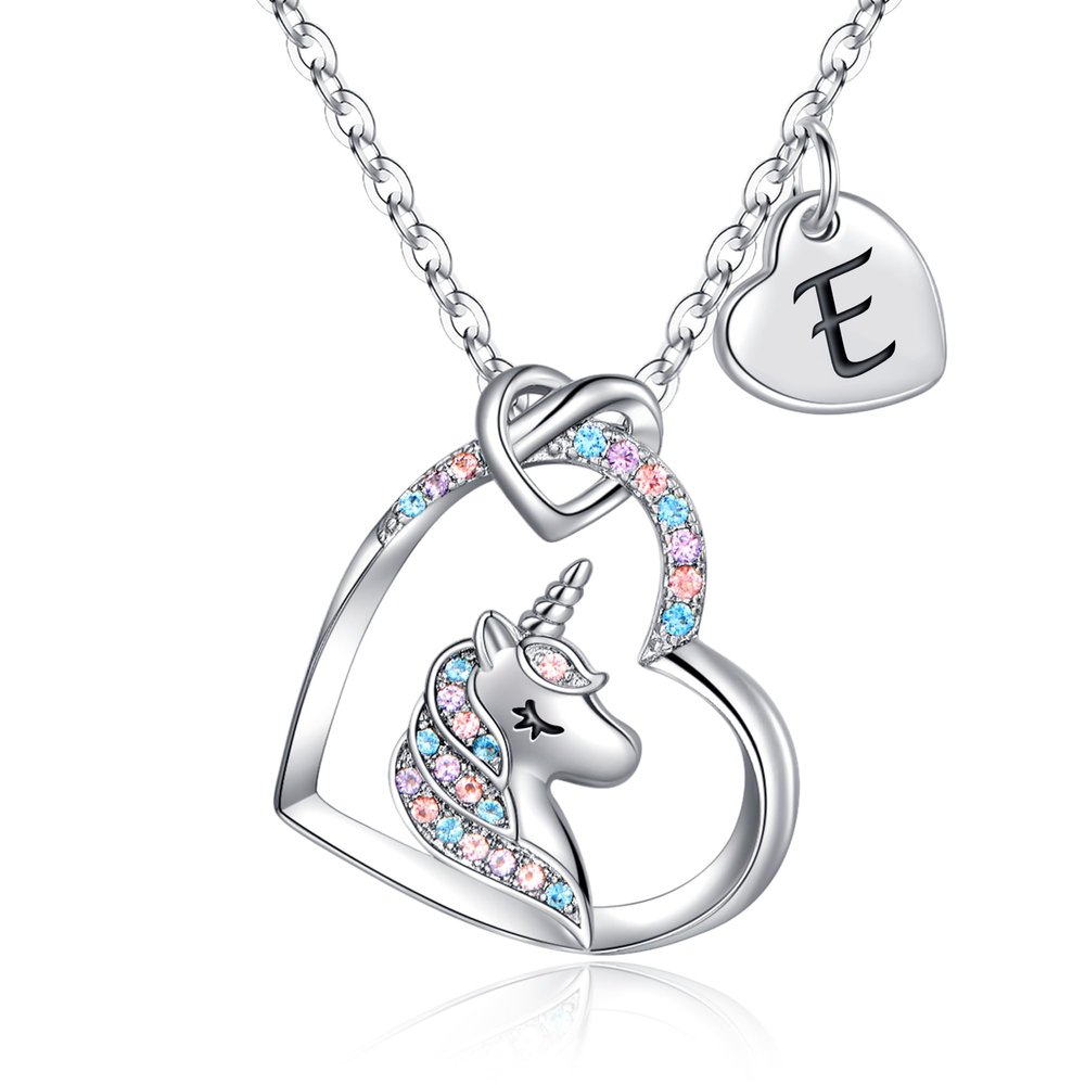 Hidepoo Birthday Gifts - Initial E Heart Unicorn Necklace
