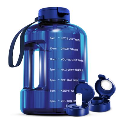 AQUAFIT 128 oz Water Bottle with Time Marker - Straw & Chug Lid - BPA Free 1 Gallon Gym Water Bottle with Handle - Big Gallon Jug (Blue, 128 Ounces)