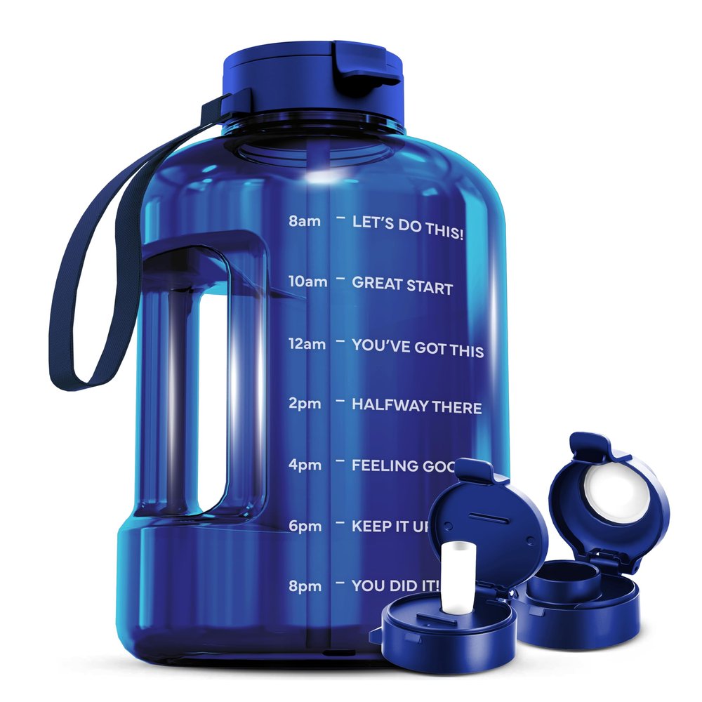 AQUAFIT 128 oz Water Bottle with Time Marker - Straw & Chug Lid - BPA Free 1 Gallon Gym Water Bottle with Handle - Big Gallon Jug (Blue, 128 Ounces)