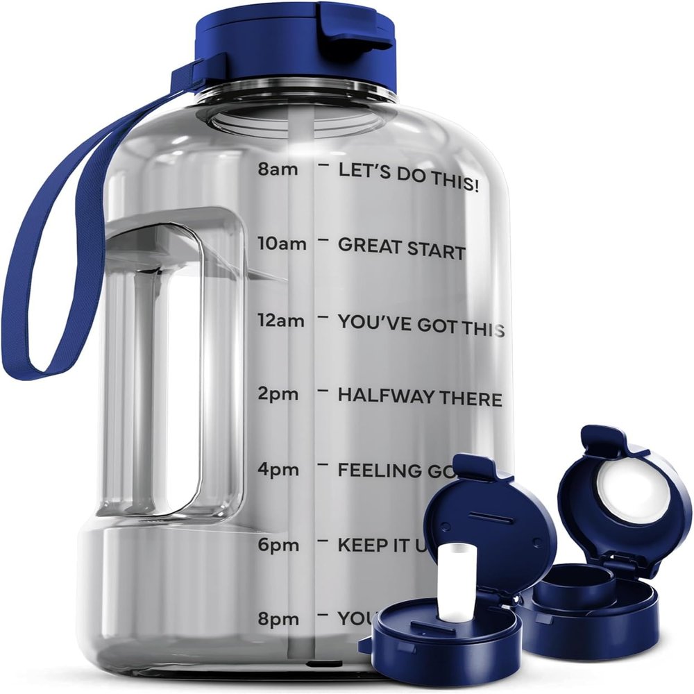 AQUAFIT 128 oz Water Bottle with Time Marker - Straw & Chug Lid - BPA Free 1 Gallon Gym Water Bottle with Handle - Big Gallon Jug (Clarity, 128 Ounces)