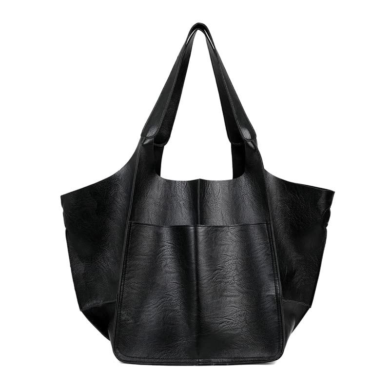 AKONG oversized womens handbag,pu soft leather shoulder tote, Foldable Hobo and large capacity weekender bag,extra big travel hobo,medium Satchel Hobo Purse (black)