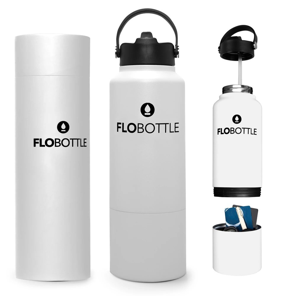 Flobottle Stainless Steel Water Bottle with Straw, 28 Oz Insulated, Leak Proof, BPA-Free, Storage Compartment (Streamal White)